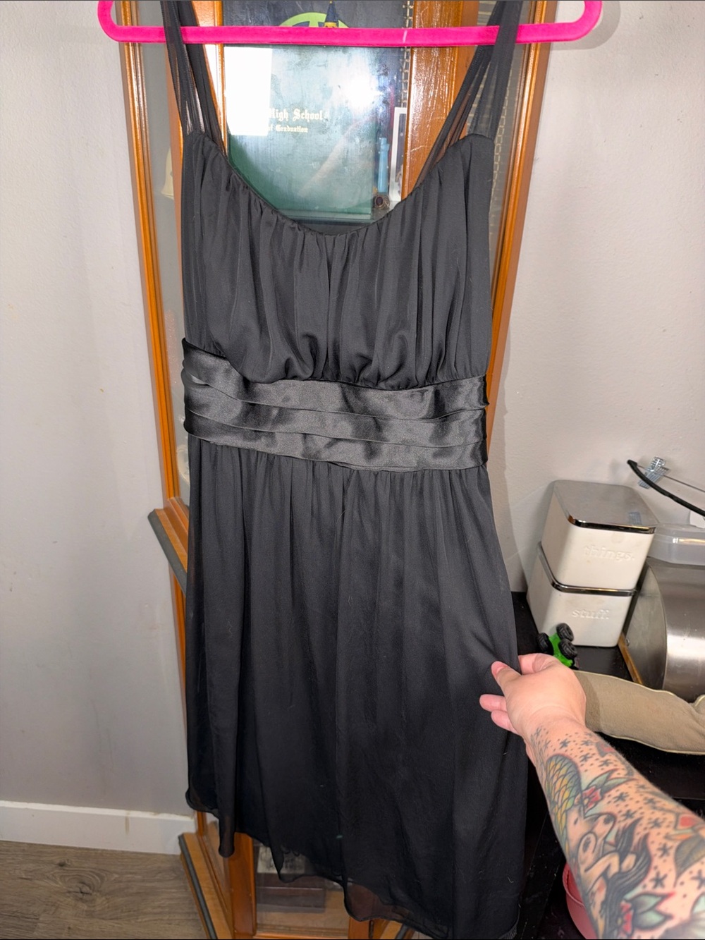 Black Sleeveless Satin-Waist Cocktail Dress
